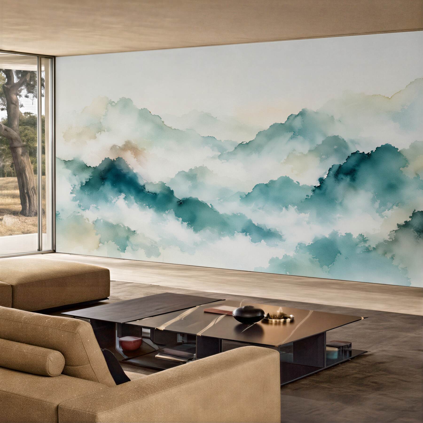 Fotobehang aquarel bergen in lichte mist