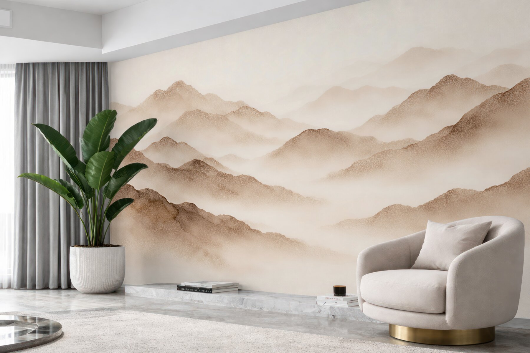 Fotobehang mistig berglandschap in beige tinten