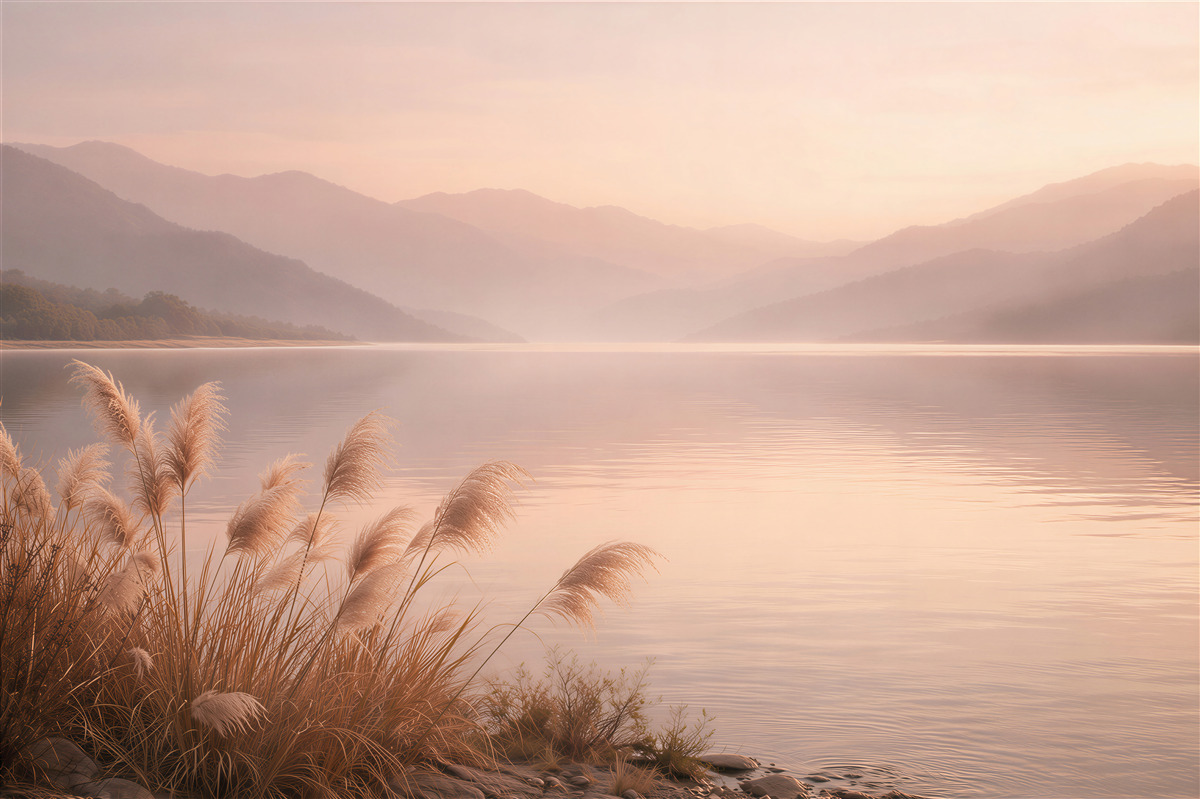 Fotobehang meer bij zonsopgang in de bergen