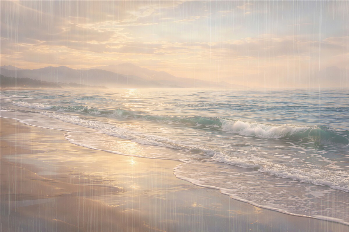 Fotobehang gouden zonsopgang boven een rustige strand