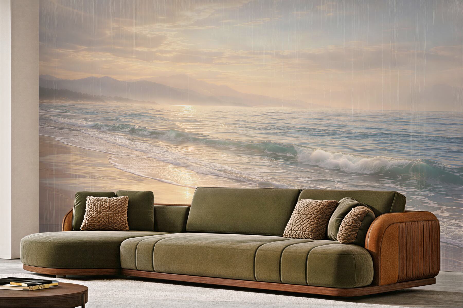 Fotobehang gouden zonsopgang boven een rustige strand