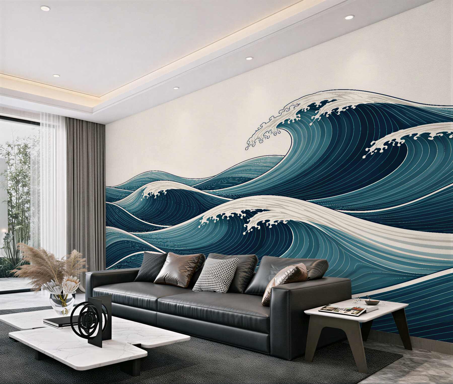 Fotobehang gestileerde marineblauwe golven