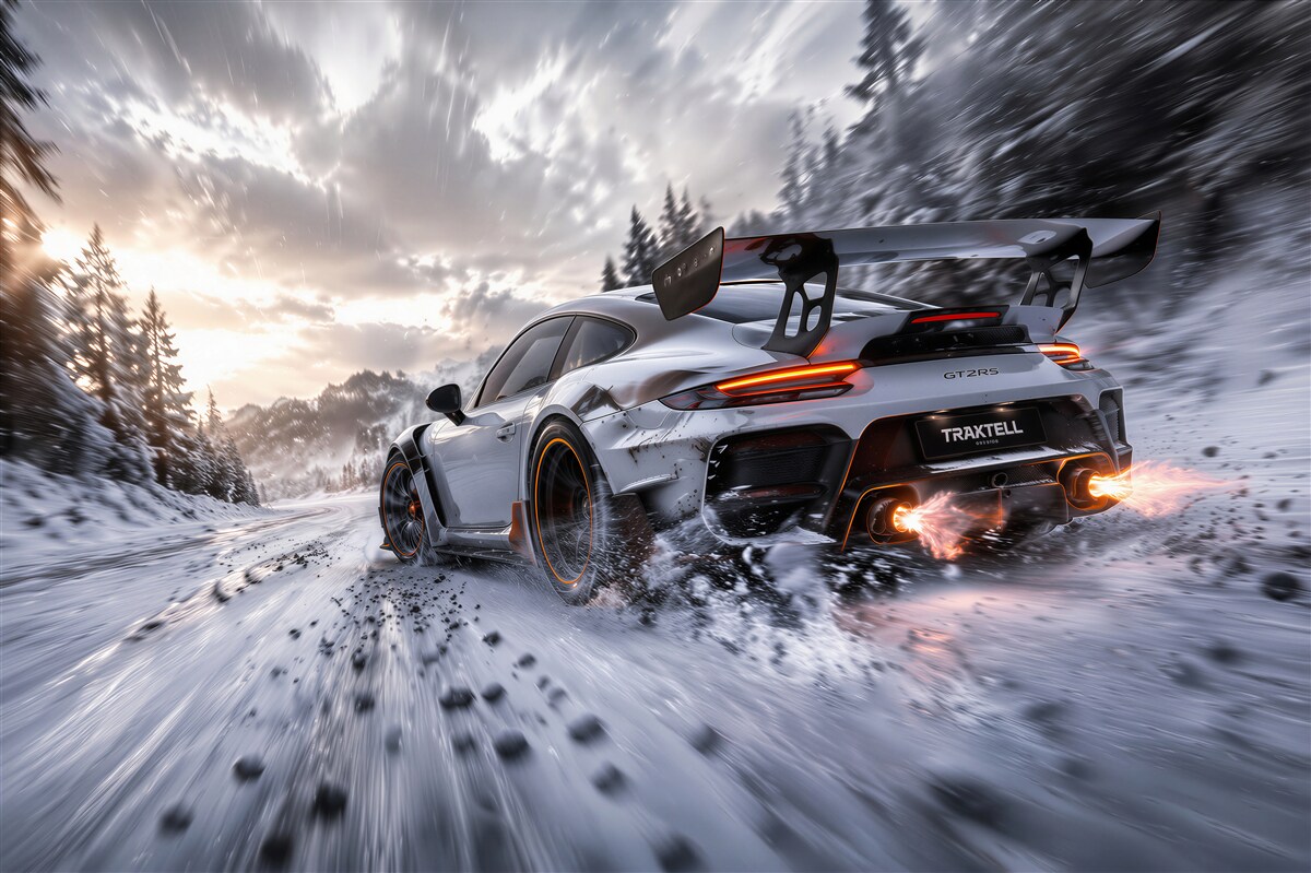 Fotobehang sportauto in winterse snelheid
