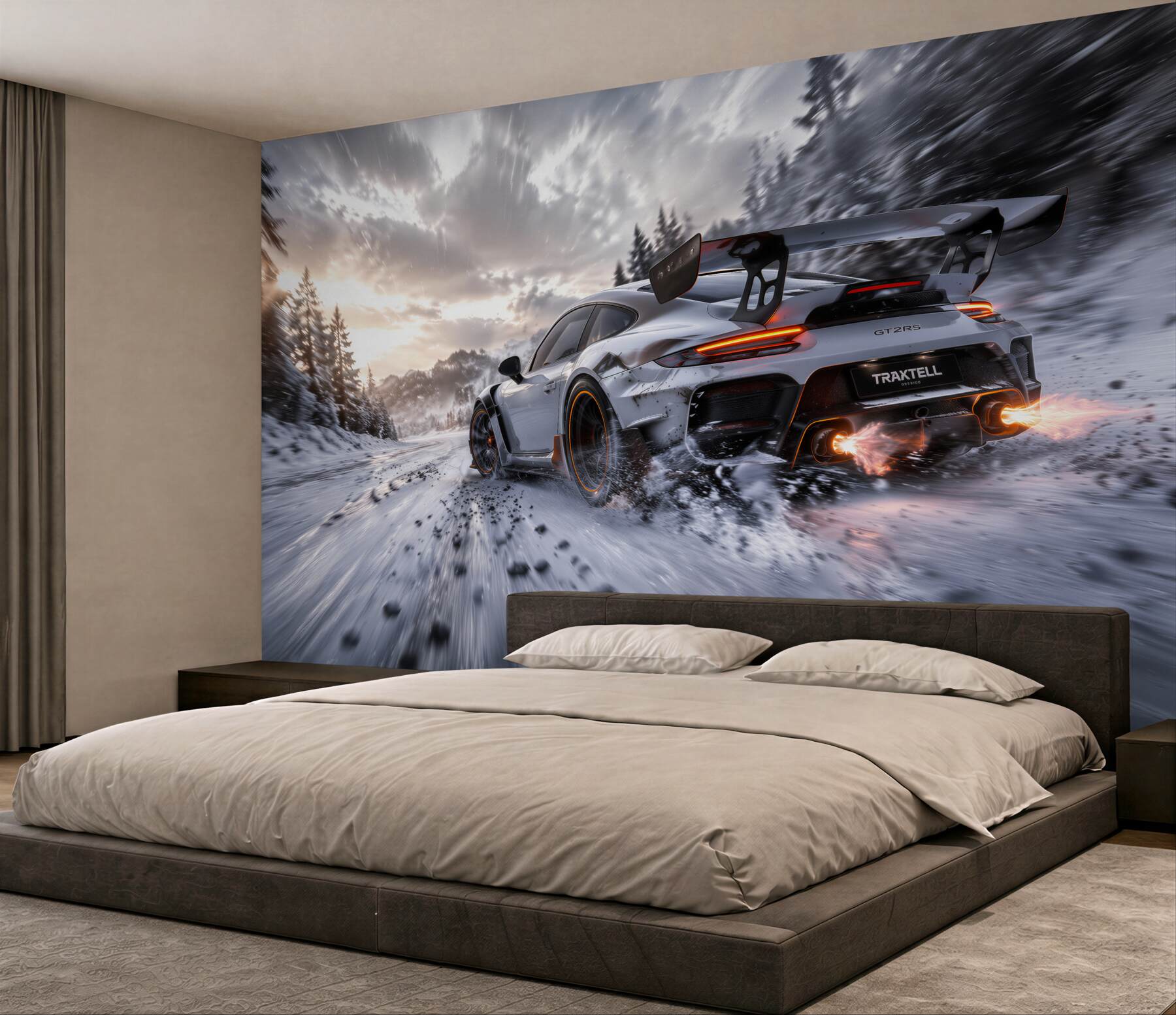 Fotobehang sportauto in winterse snelheid