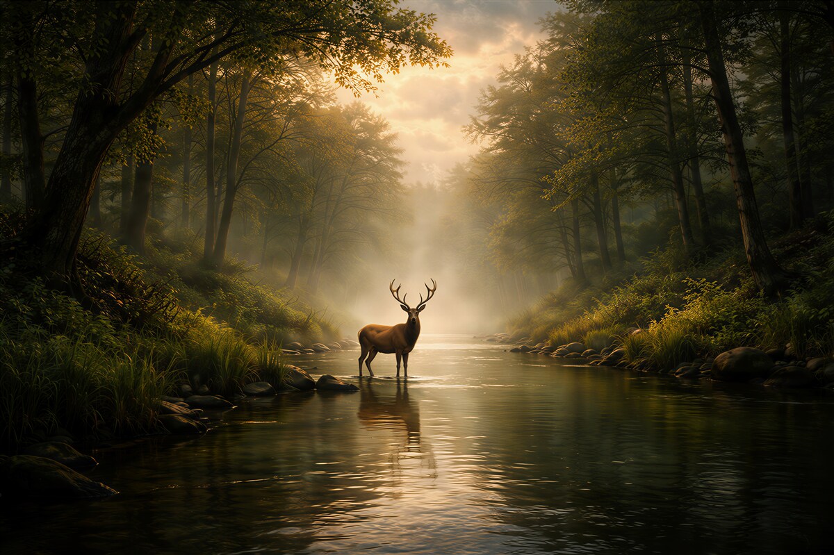 Fotobehang hert bij zonsopgang in een bosrivier