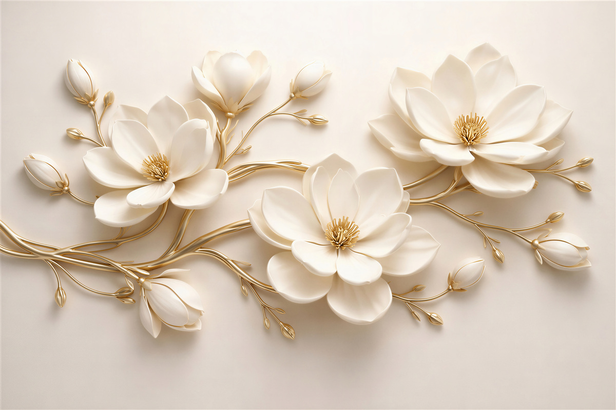 Fotobehang crèmekleurige magnolia's met goud