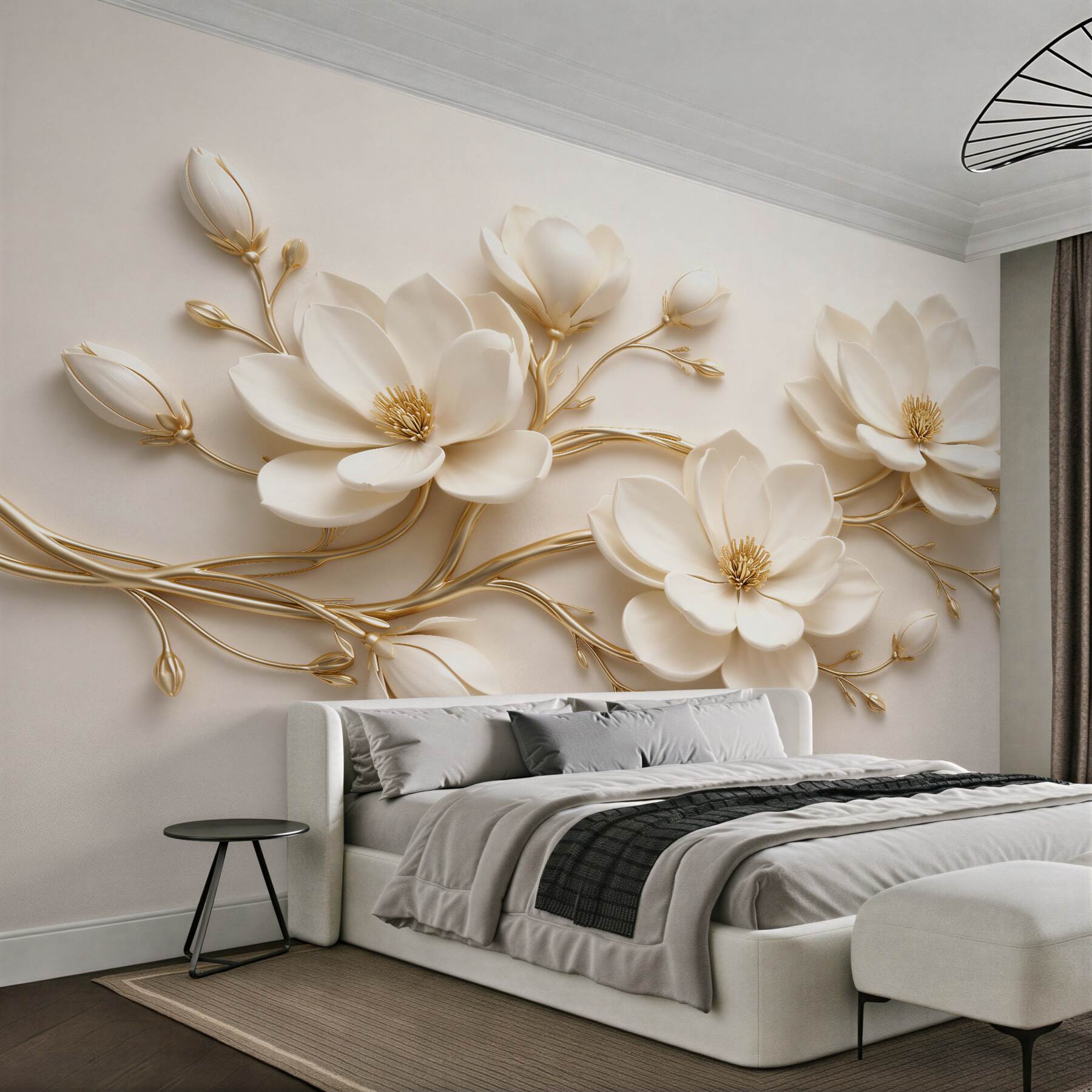 Fotobehang crèmekleurige magnolia's met goud