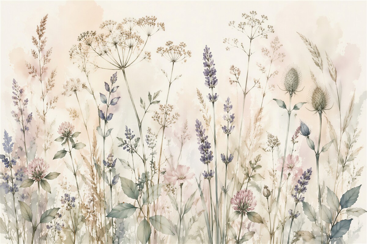 Fotobehang veldbloemen aquarel delicatesse