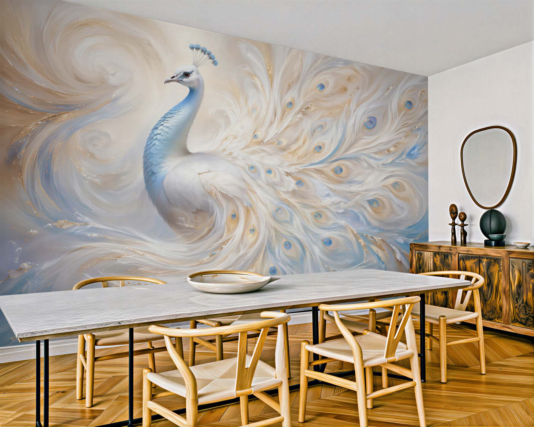 Fotobehang witte pauw in luxueuze gloed