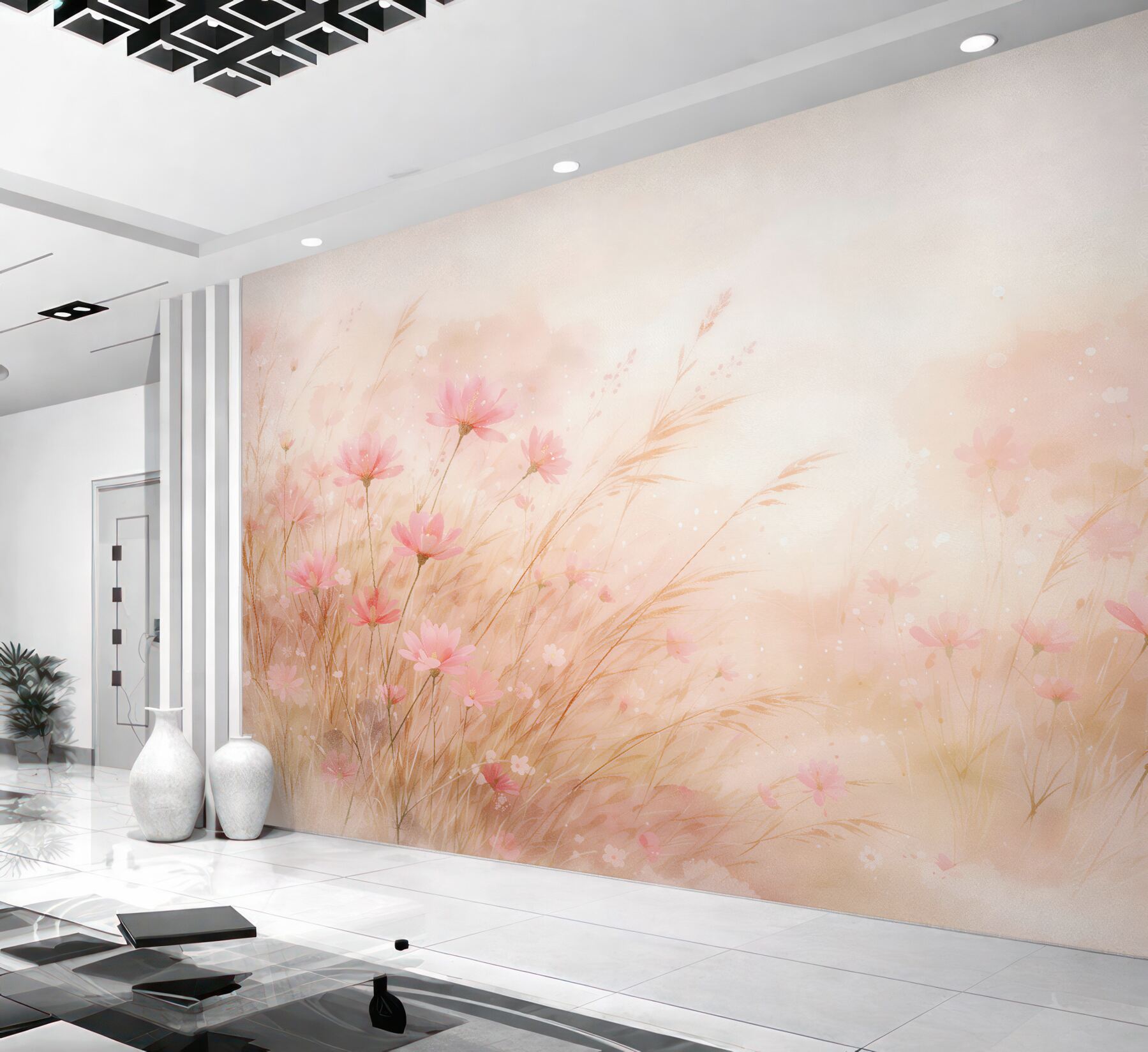 Fotobehang pastelweide met roze bloemen