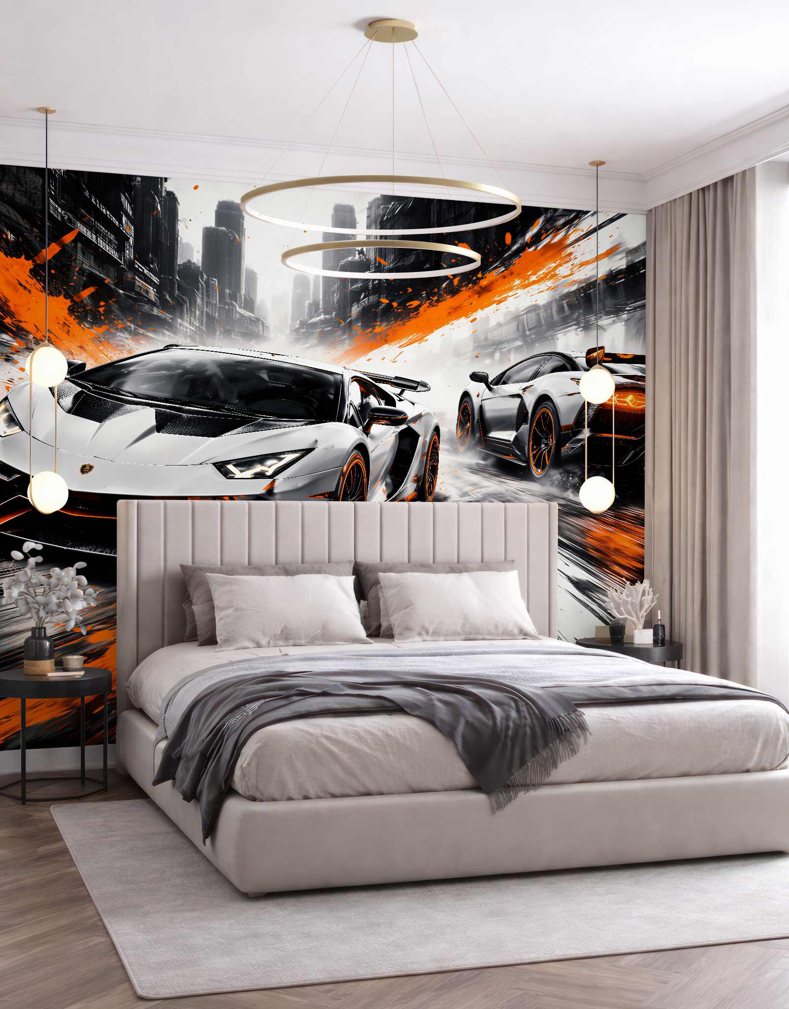 Fotobehang sportauto's in stedelijke vaart