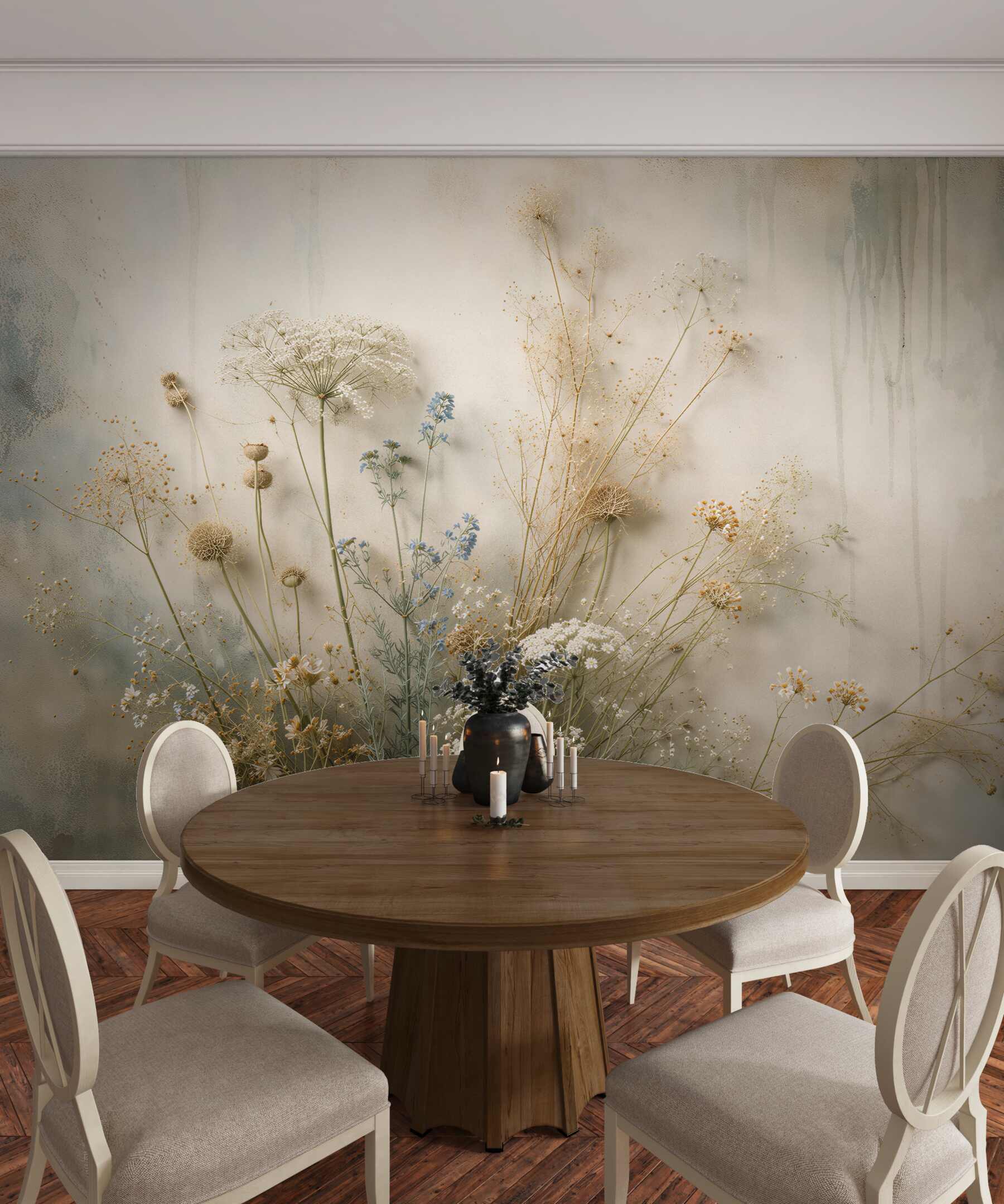 Fotobehang veldbloemen in subtiele compositie