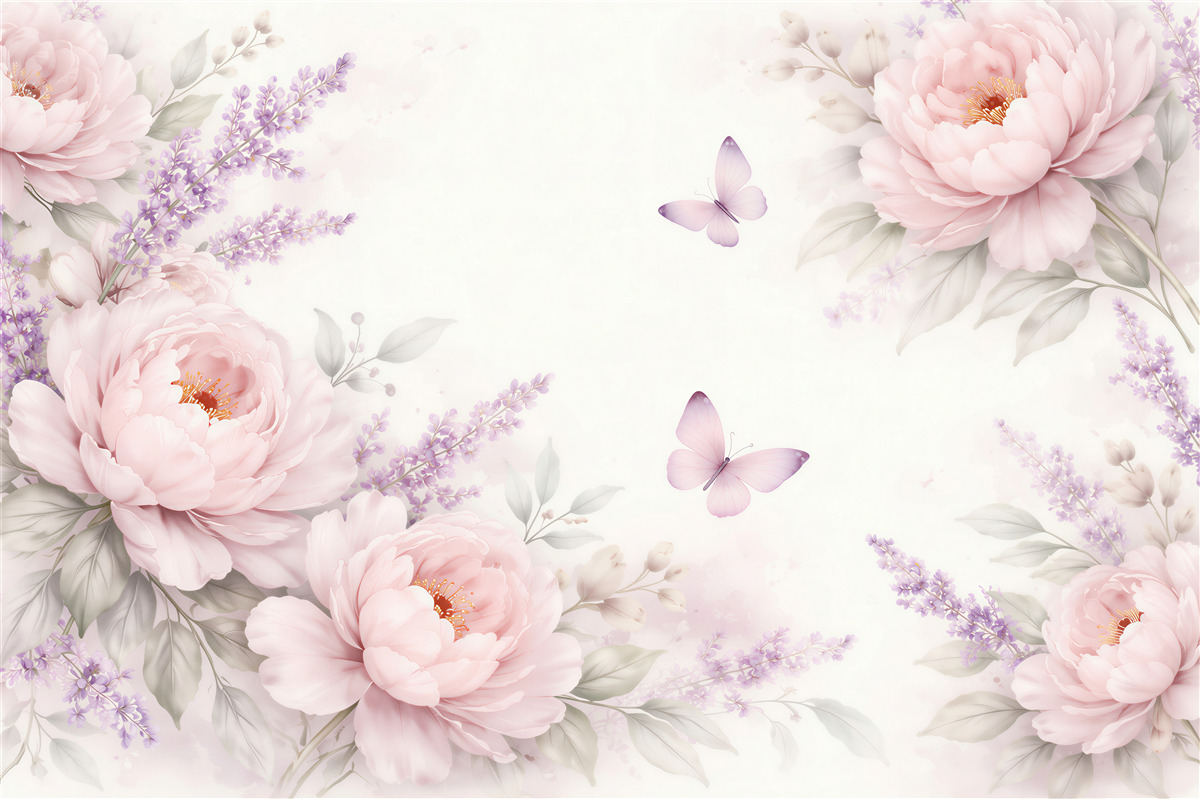 Fotobehang roze pioenen met lavendel en vlinders