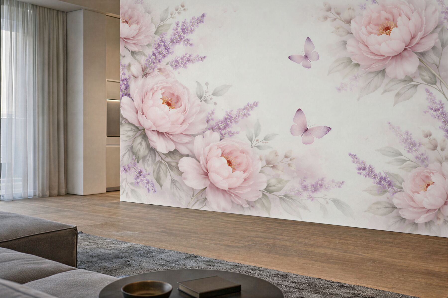 Fotobehang roze pioenen met lavendel en vlinders