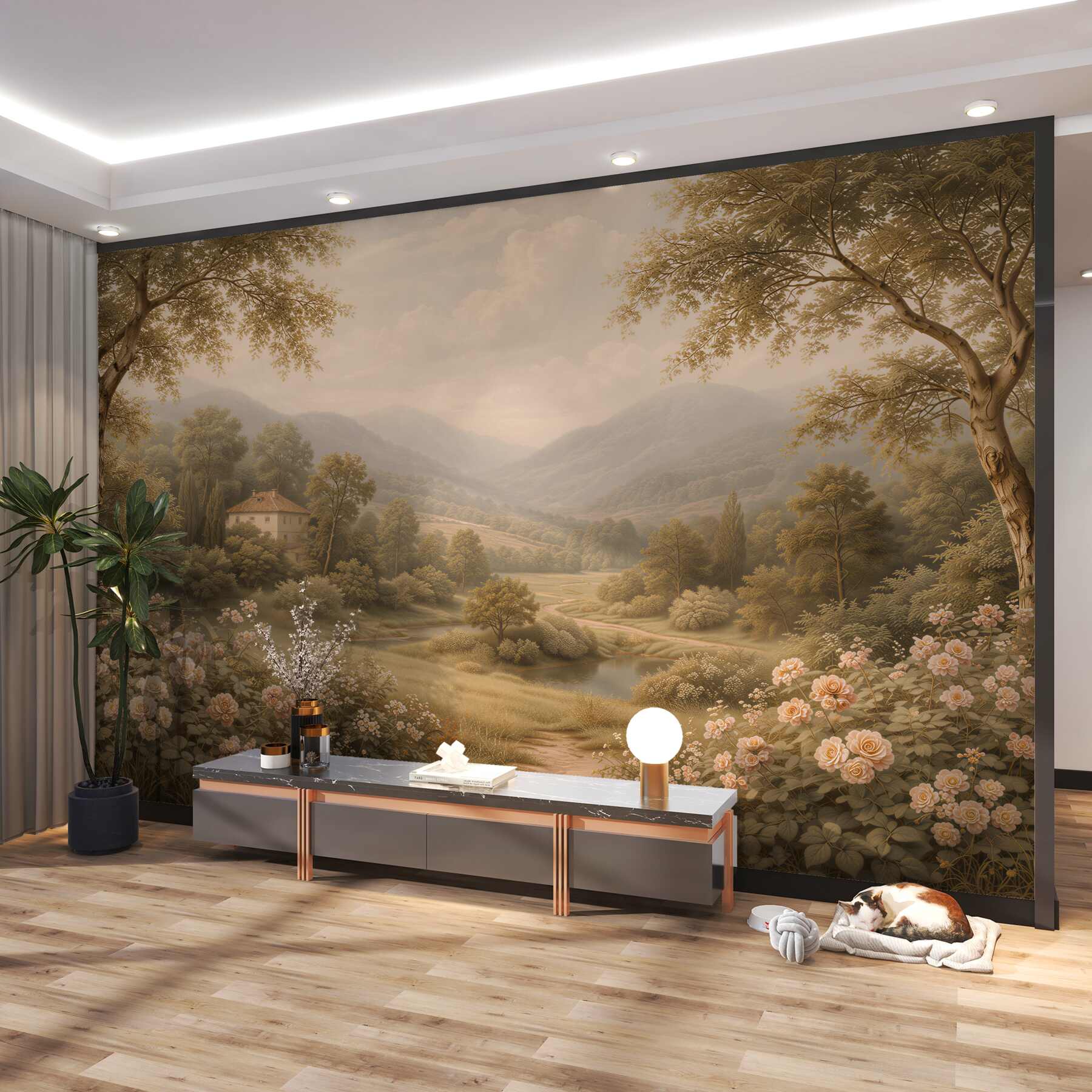 Fotobehang romantisch landschap met rozen tuin