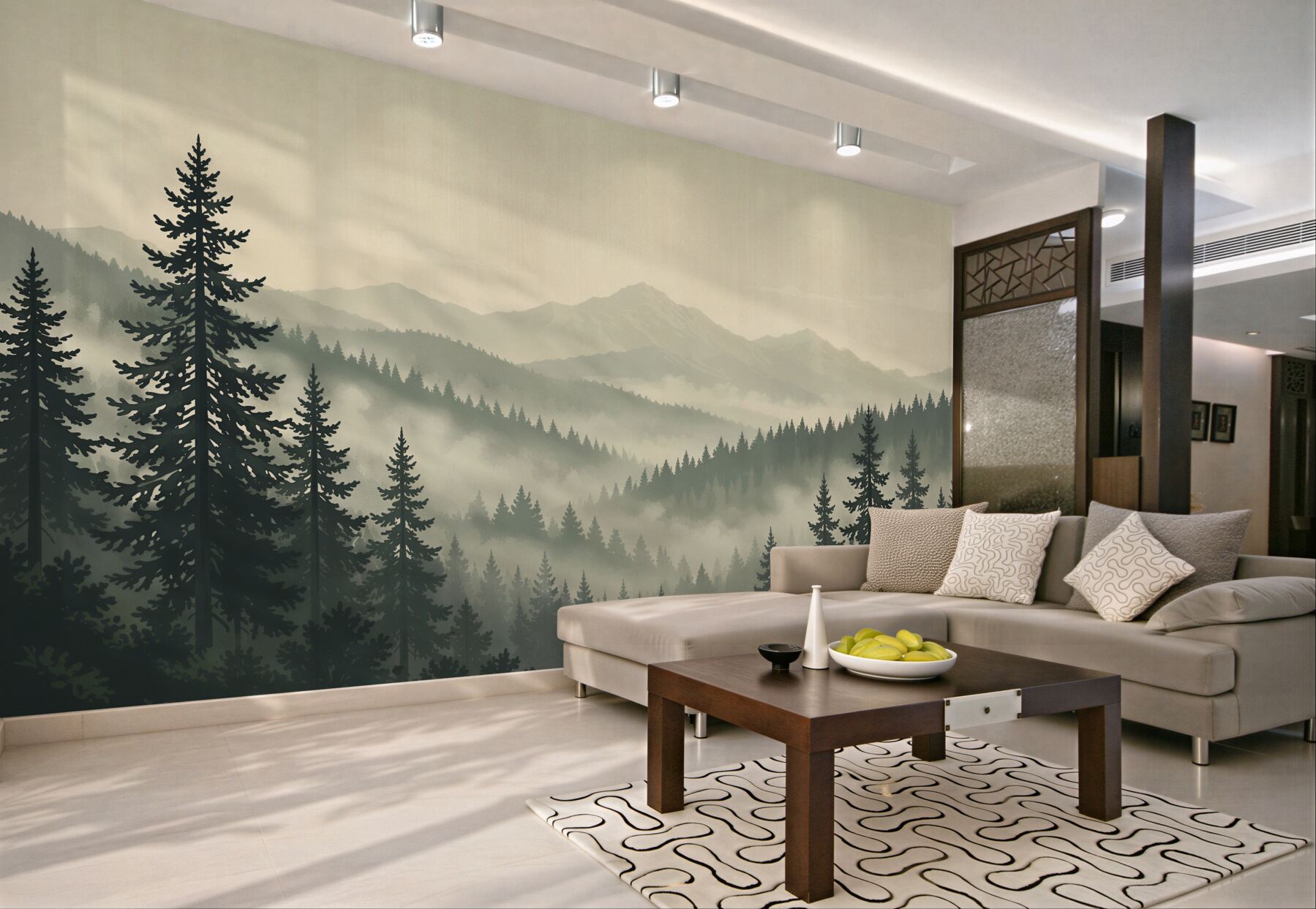 Fotobehang nevelig bergbos en bergtoppen