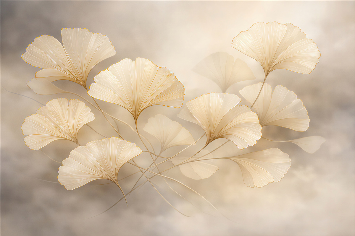 Fotobehang gouden ginkgo bladeren in de mist