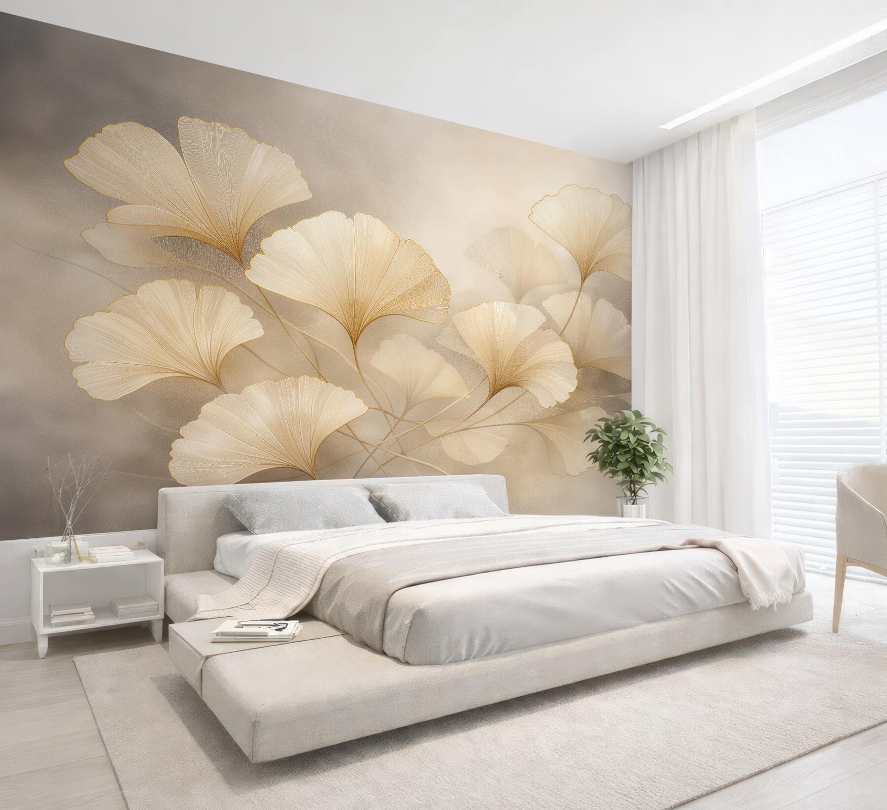 Fotobehang gouden ginkgo bladeren in de mist