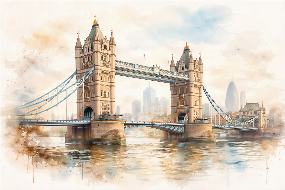 Fotobehang tower bridge in aquarelachtige mist
