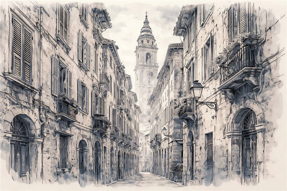 Fotobehang schets van een historische straat met toren