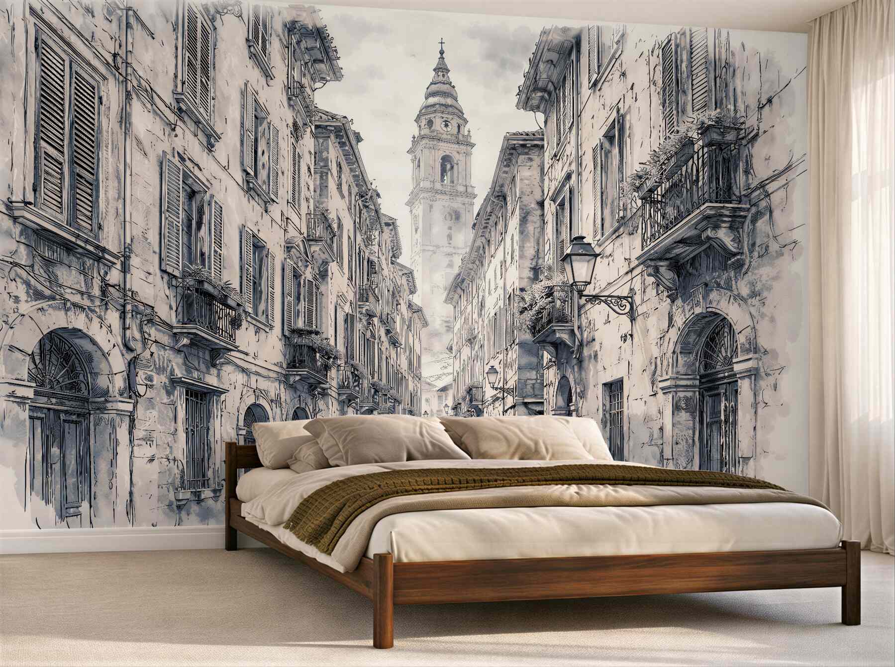 Fotobehang schets van een historische straat met toren