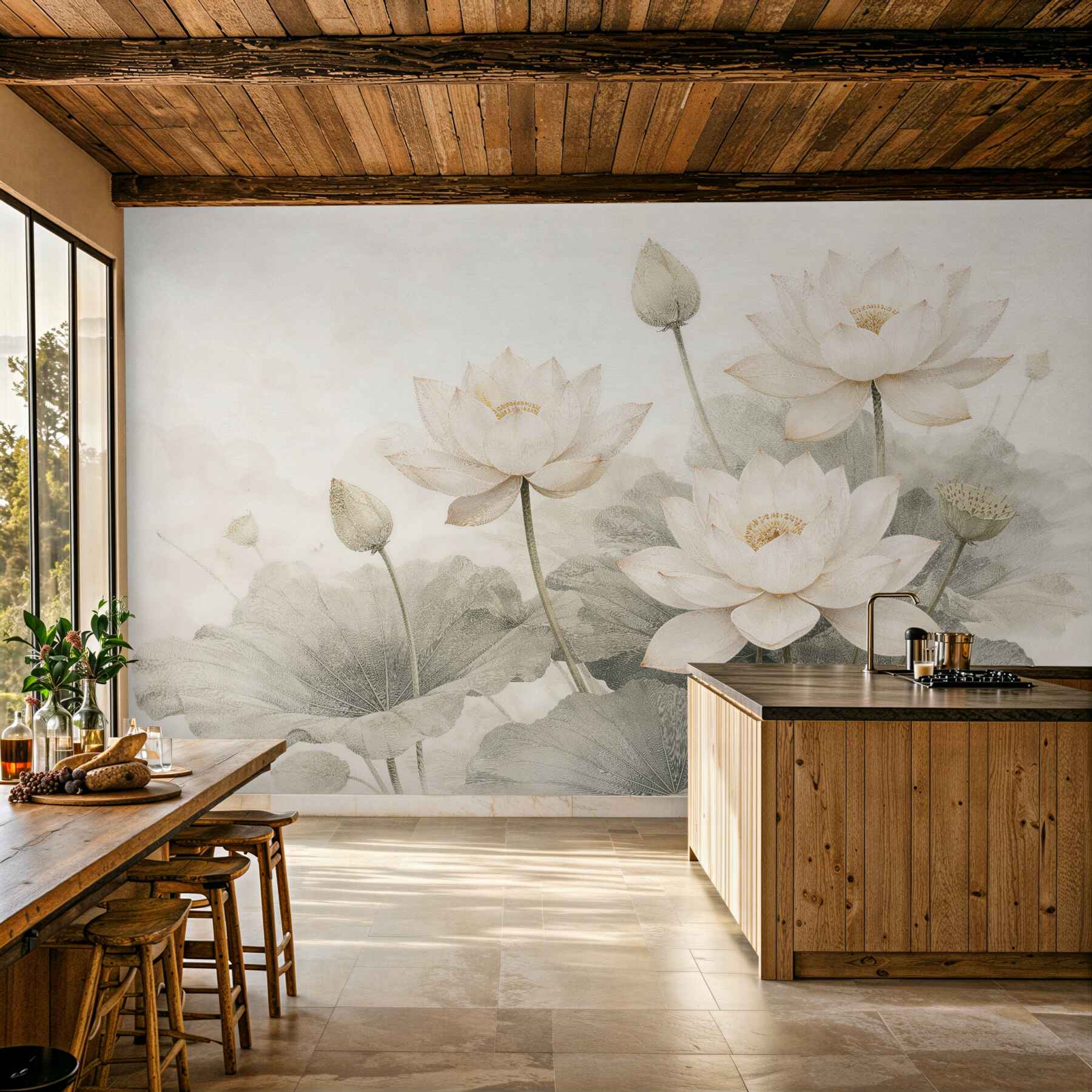 Fotobehang crèmige lotussen in subtiele elegantie