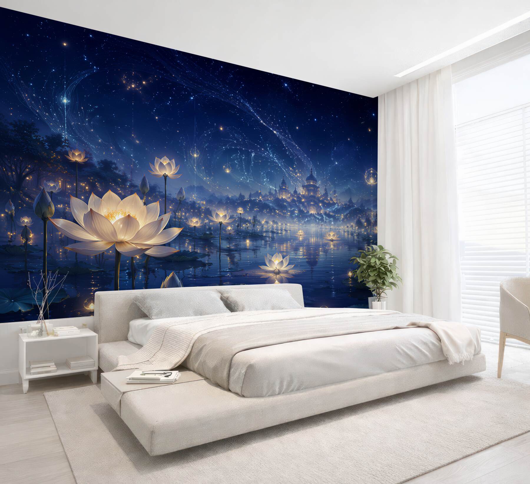 Fotobehang magische lotus onder een sterrenhemel