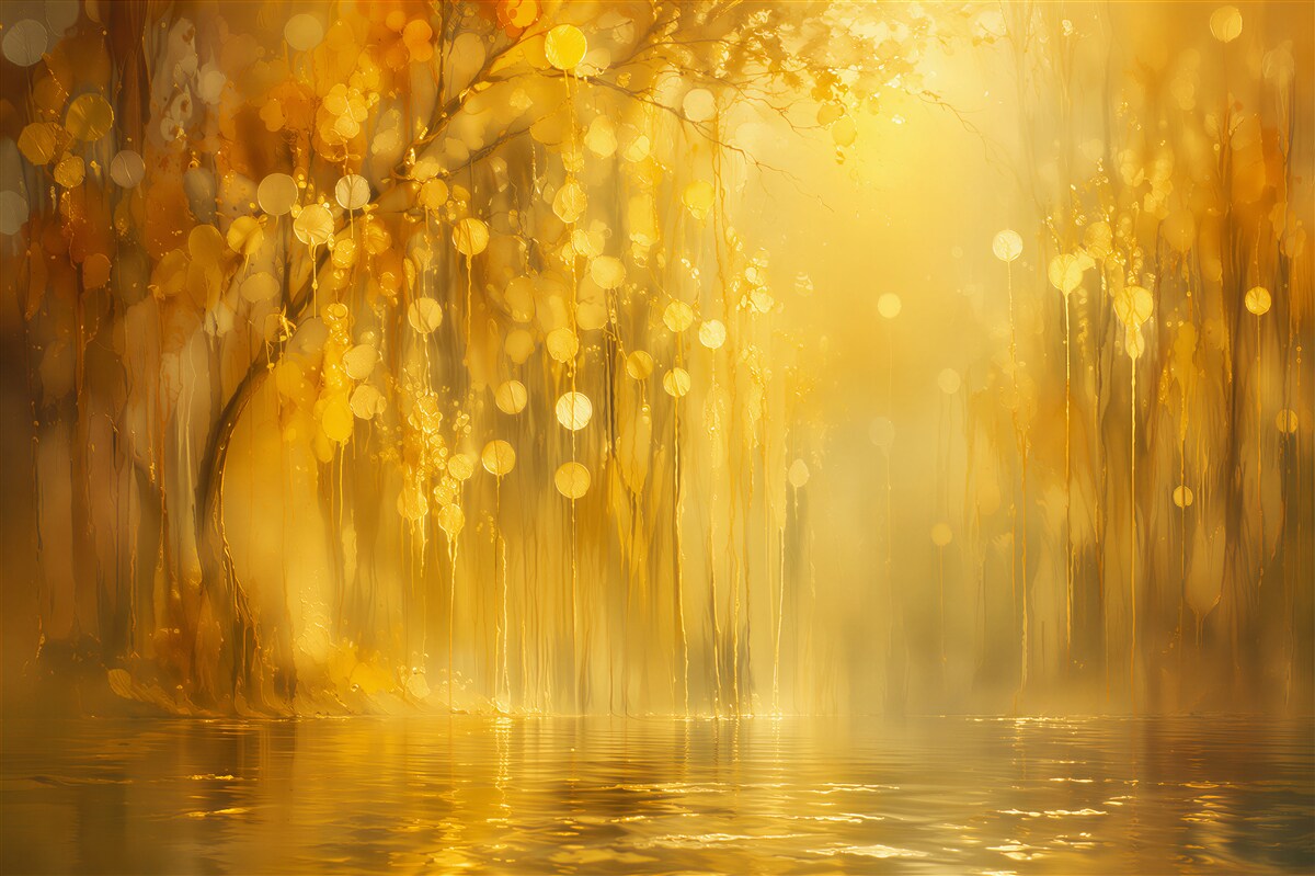 Fotobehang gouden sprookjesbos aan het water