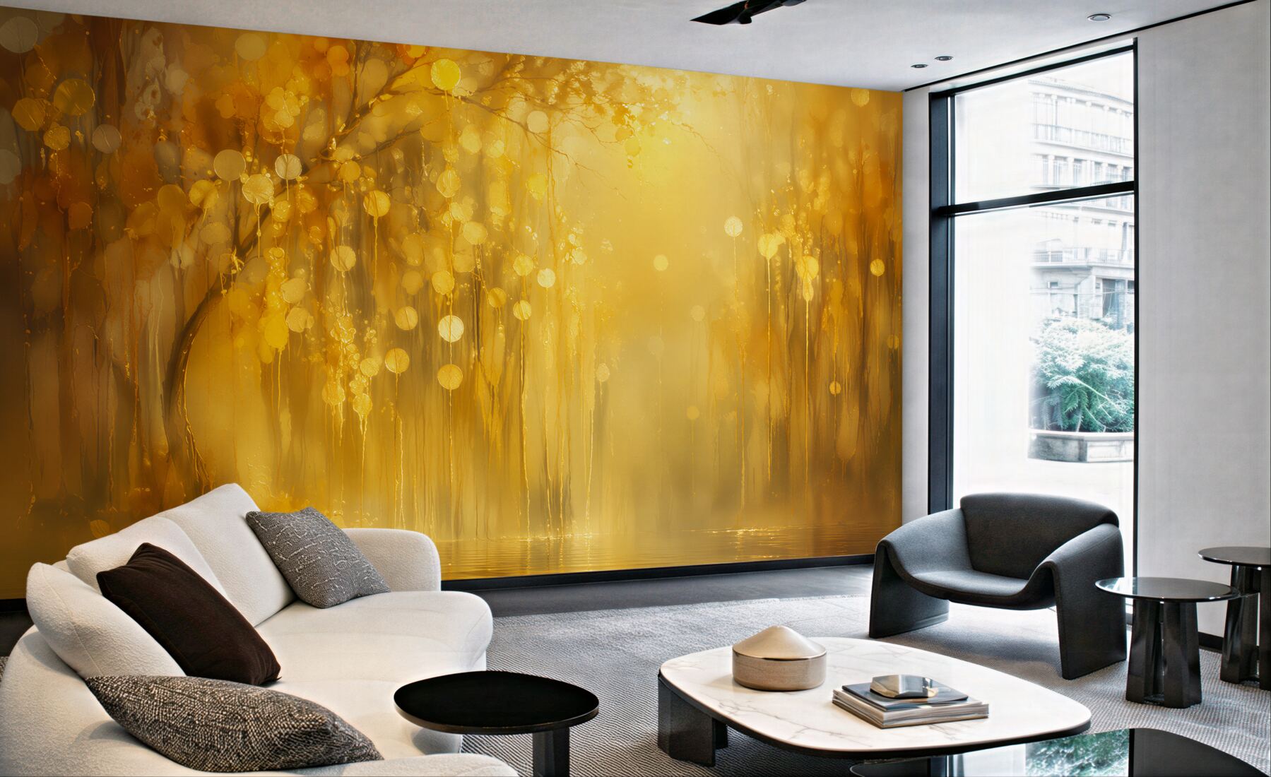 Fotobehang gouden sprookjesbos aan het water