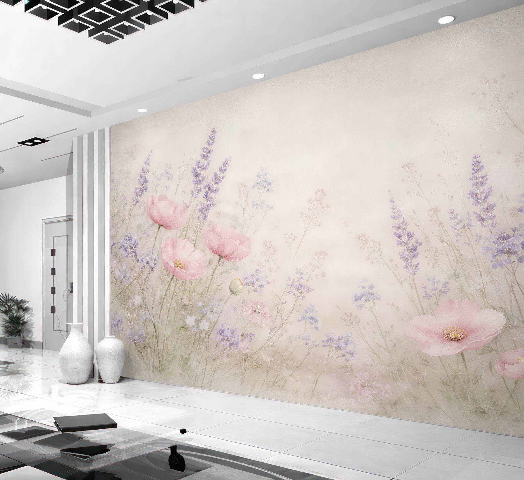 Fotobehang pastelweide met lavendel en klaprozen