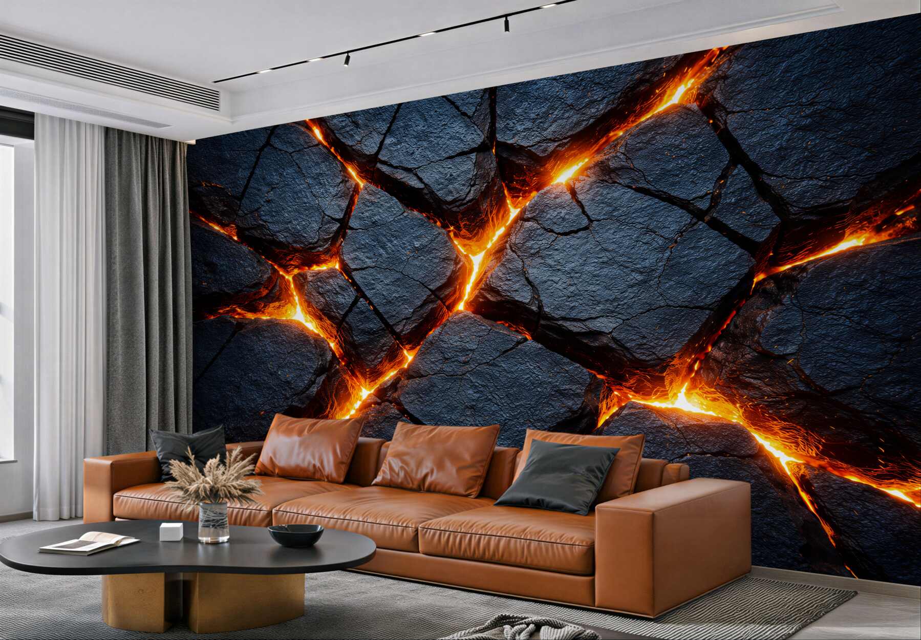 Fotobehang gloeiende lava in zwarte rotsen