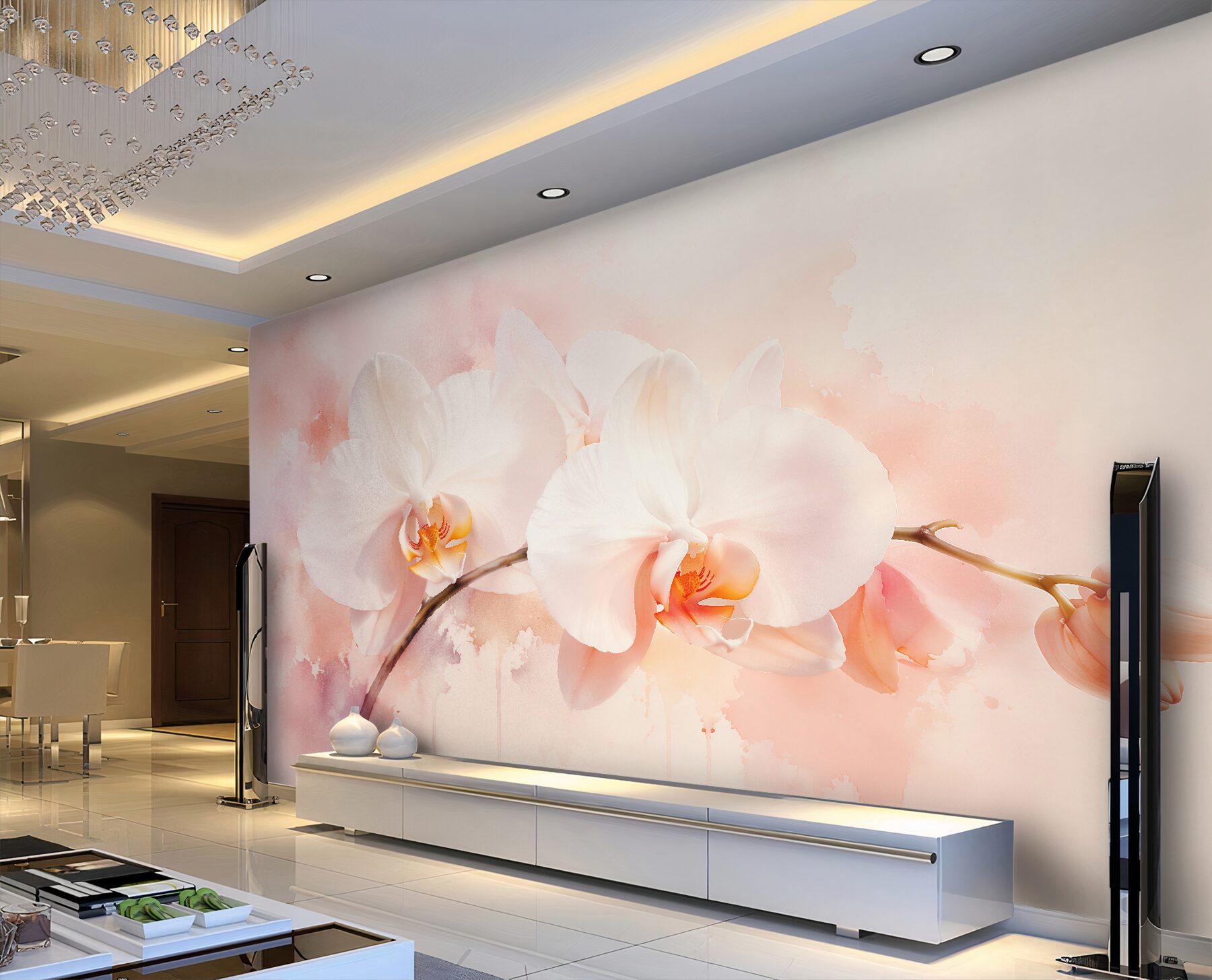 Fotobehang witte orchideeën in poederachtige glans