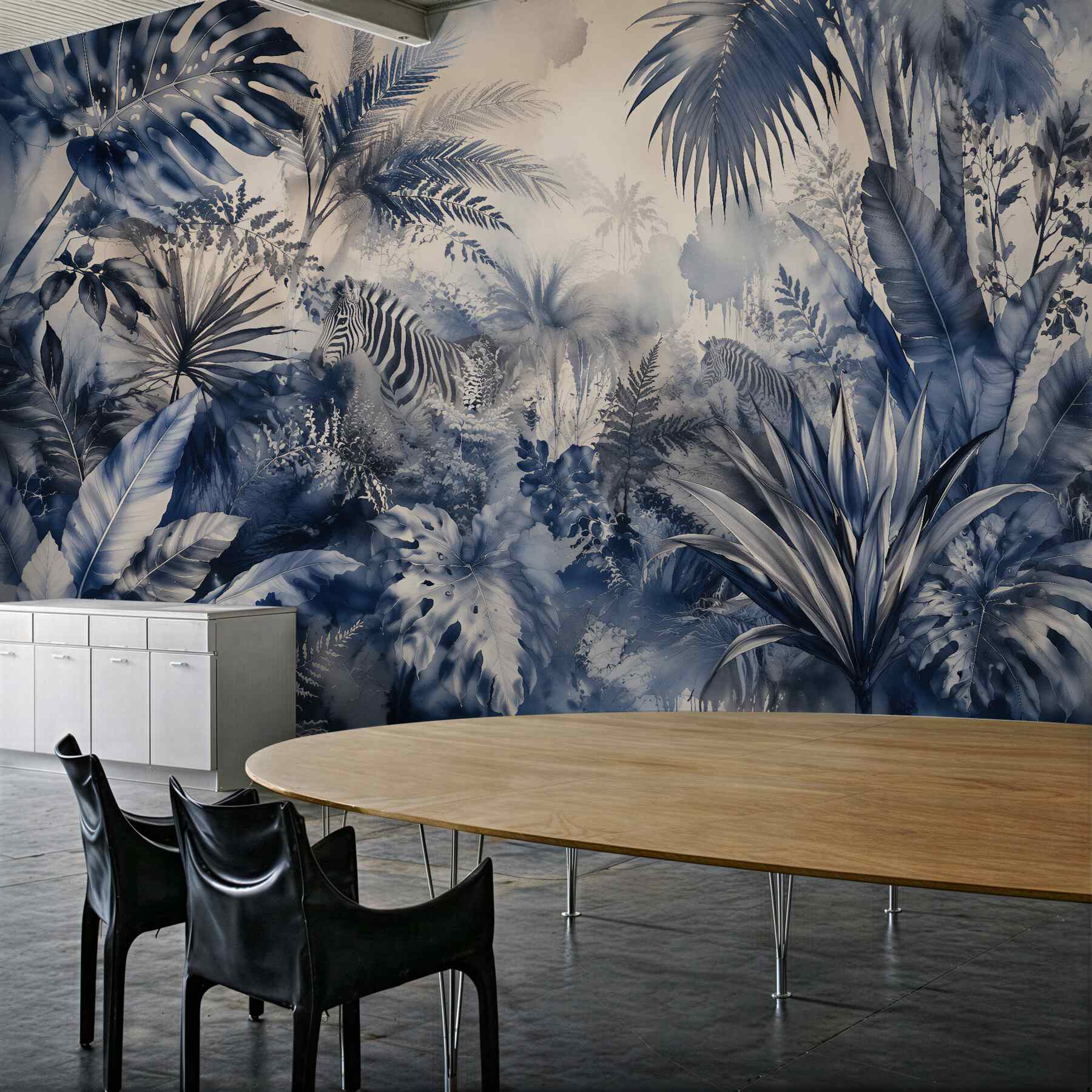 Fotobehang blauwe jungle met een zebra