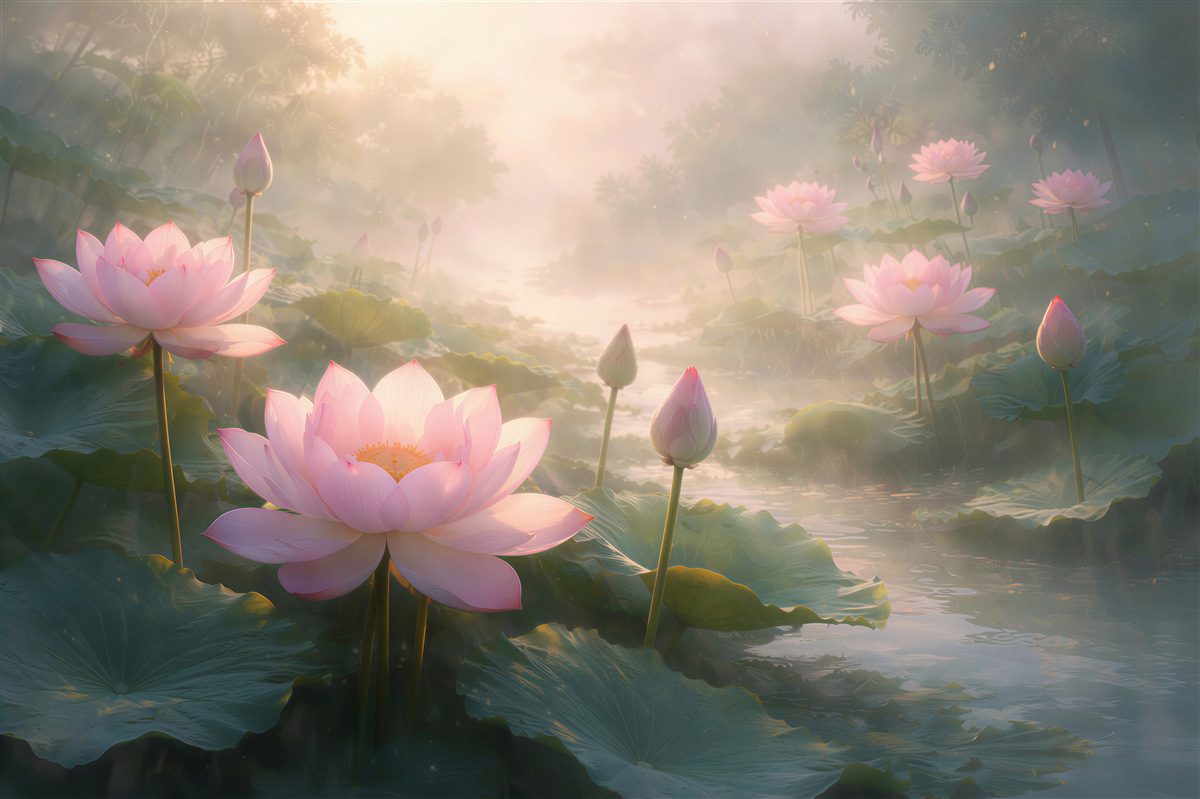 Fotobehang lotus bij zonsopgang boven het water