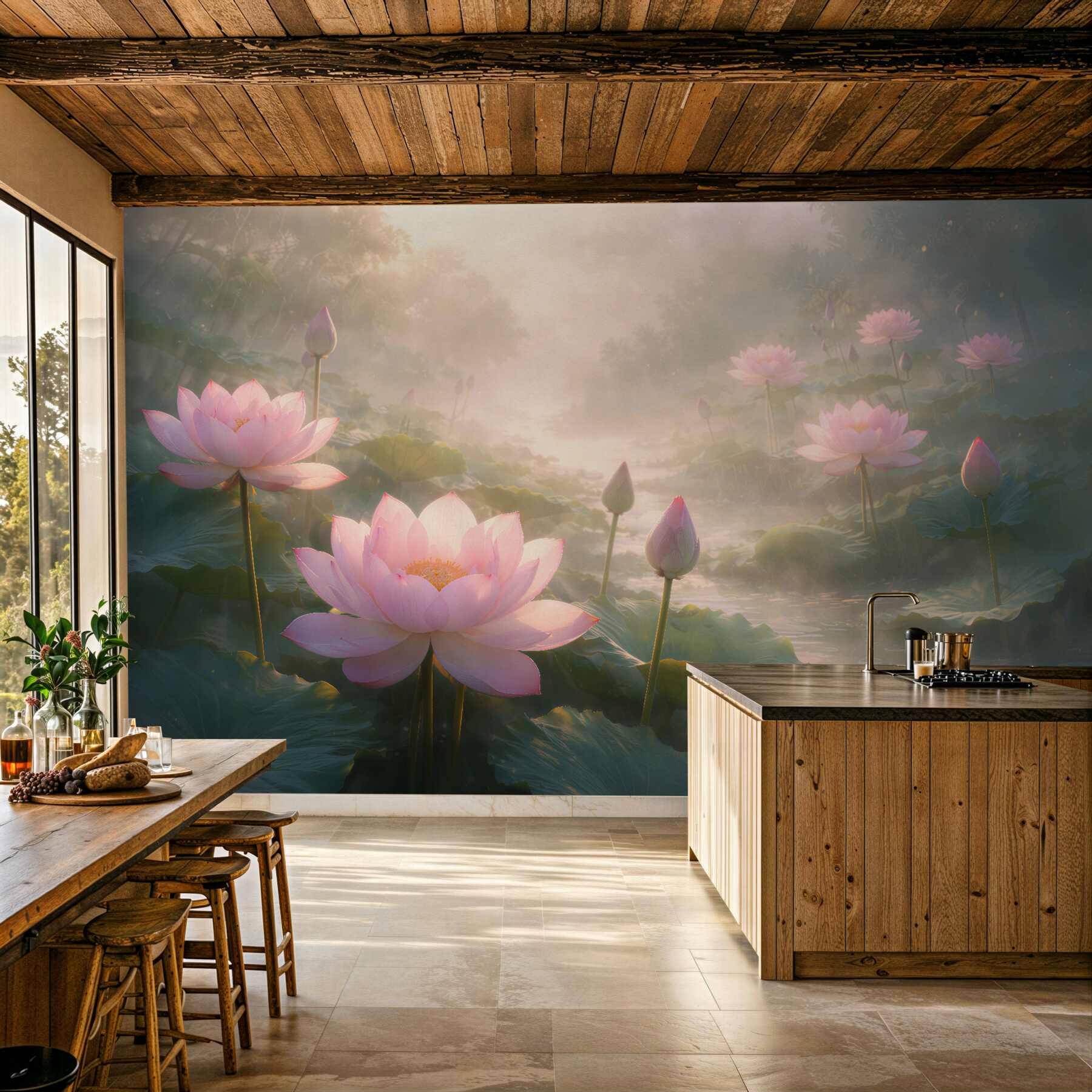 Fotobehang lotus bij zonsopgang boven het water