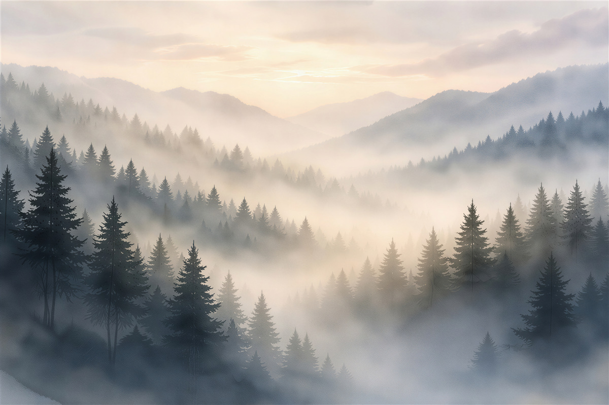 Fotobehang zonsopgang boven het bos in de mist
