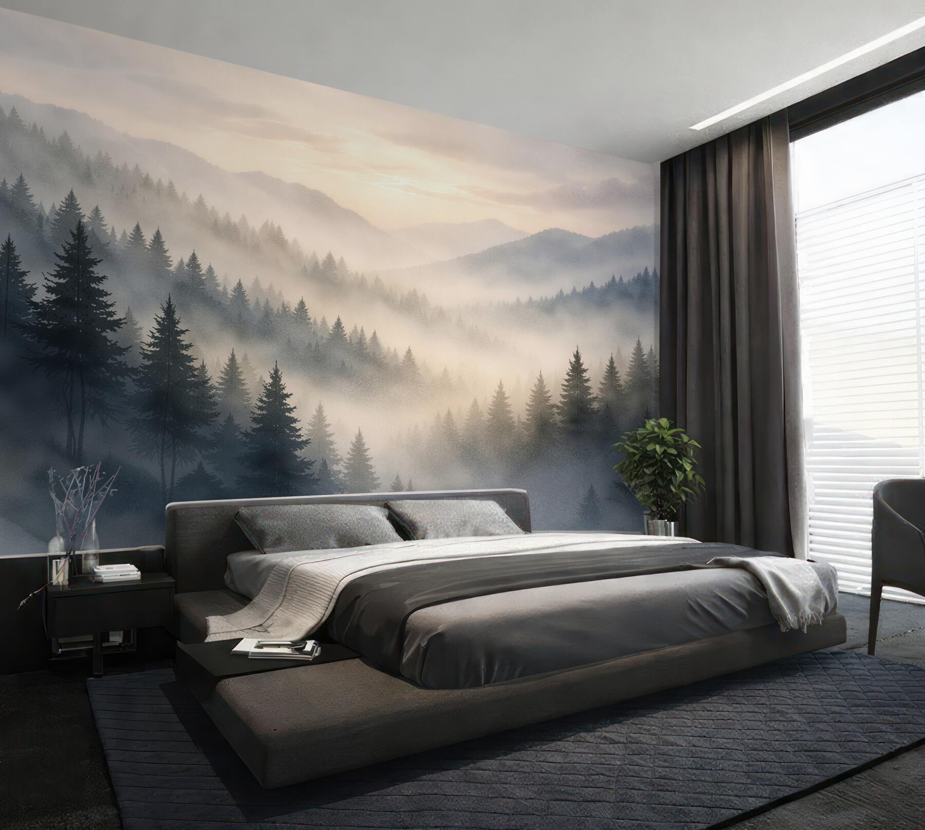 Fotobehang zonsopgang boven het bos in de mist