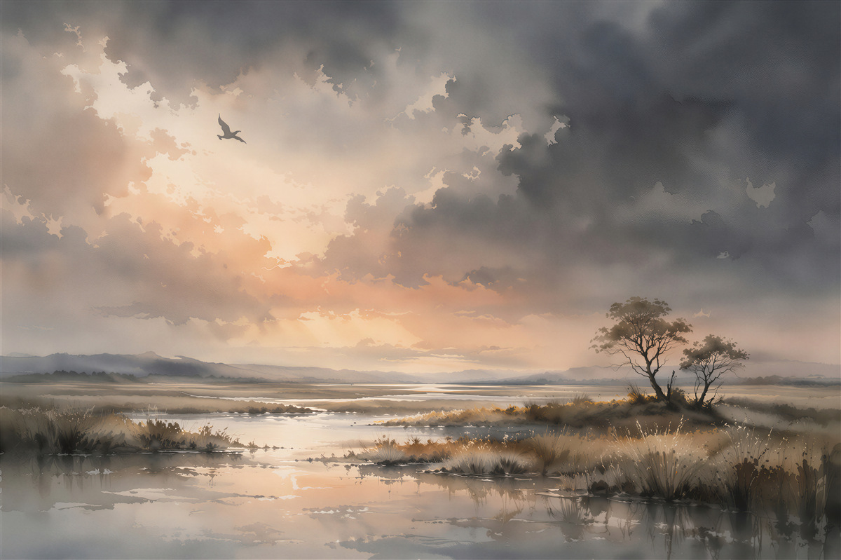 Fotobehang sfeervol landschap bij zonsopgang