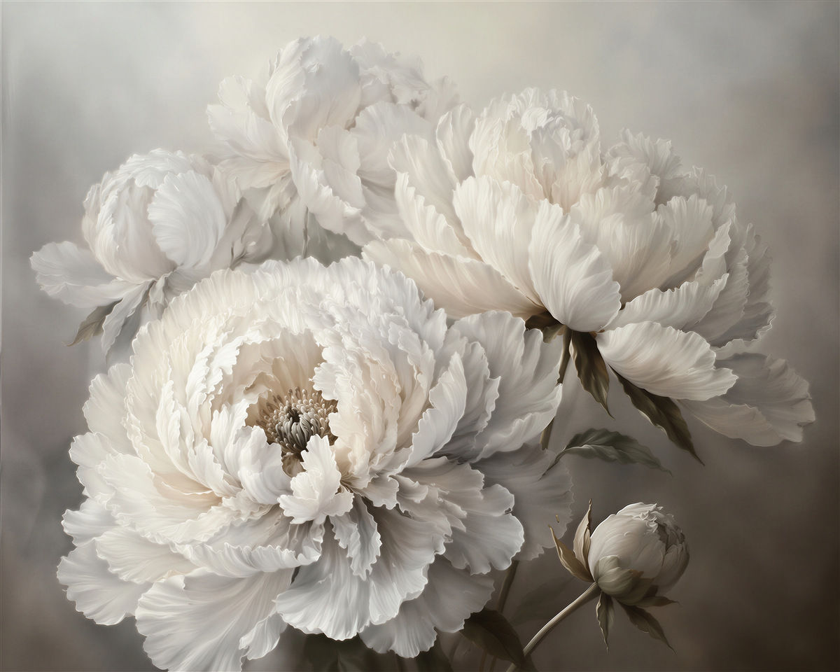 Fotobehang witte pioenrozen in een nobele compositie