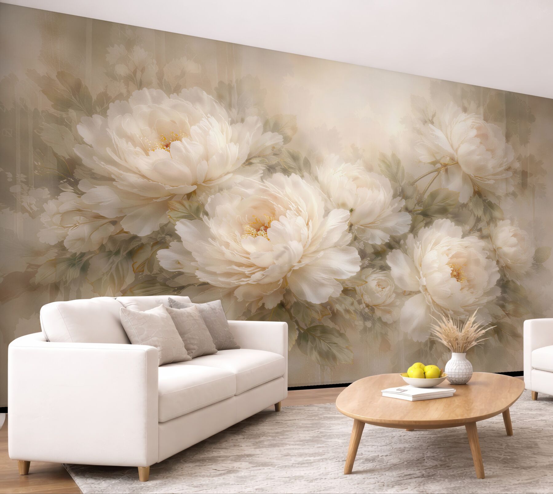 Fotobehang crêmekleurige pioenrozen in romantische mist