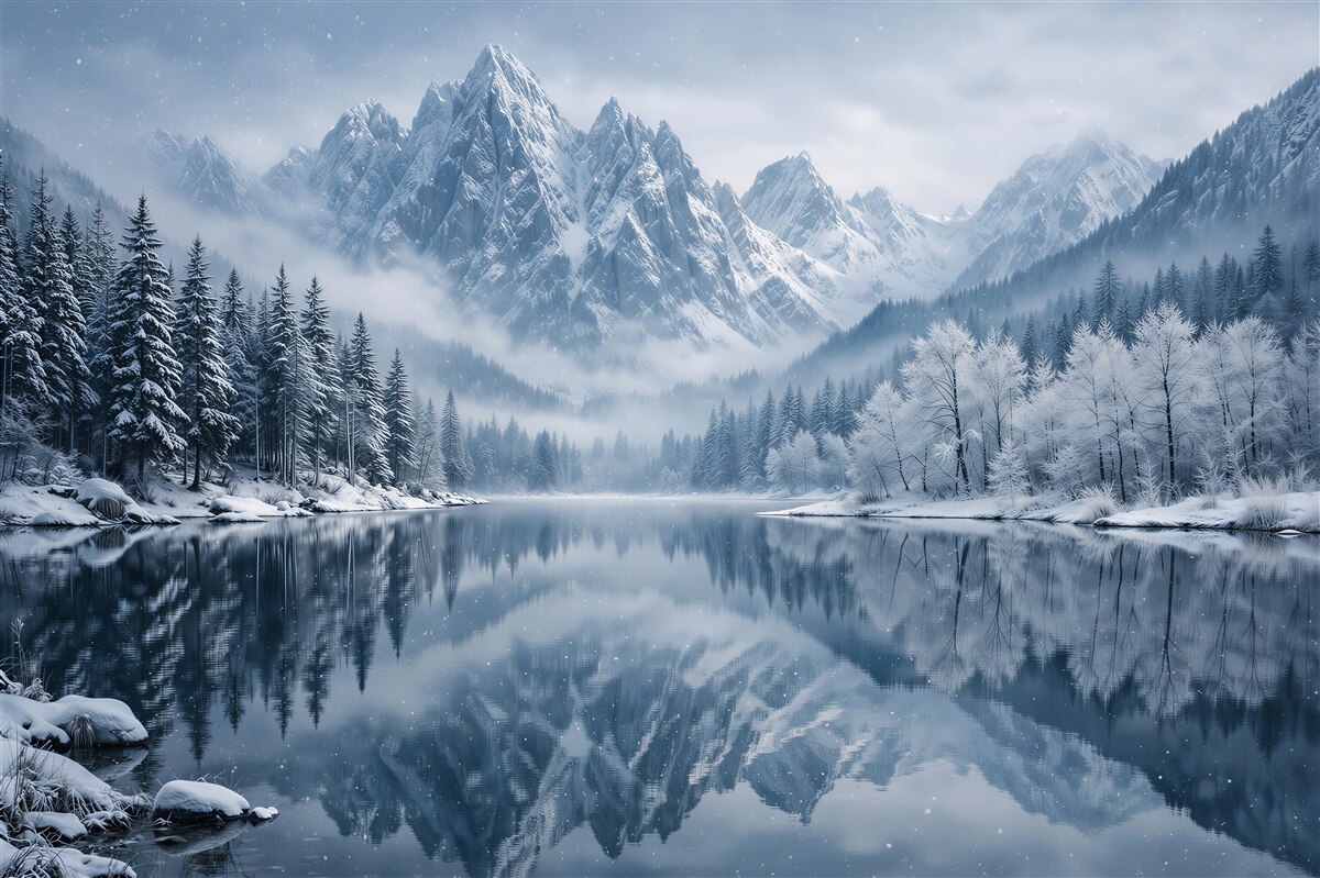 Fotobehang wintermeer onder majestueuze bergen