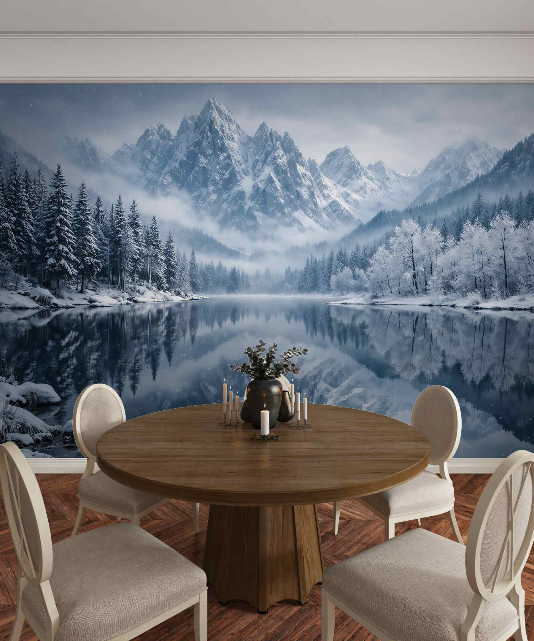 Fotobehang wintermeer onder majestueuze bergen