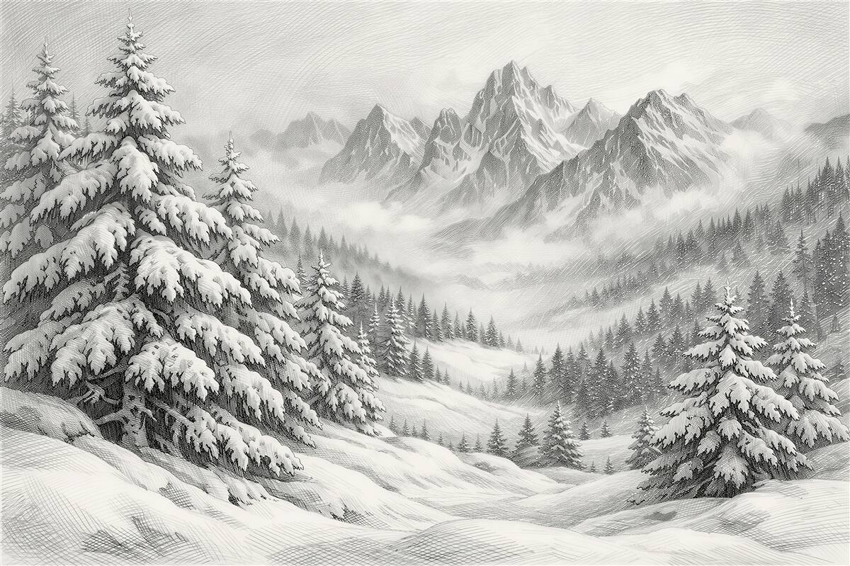 Fotobehang schets van winterbergen en sparren