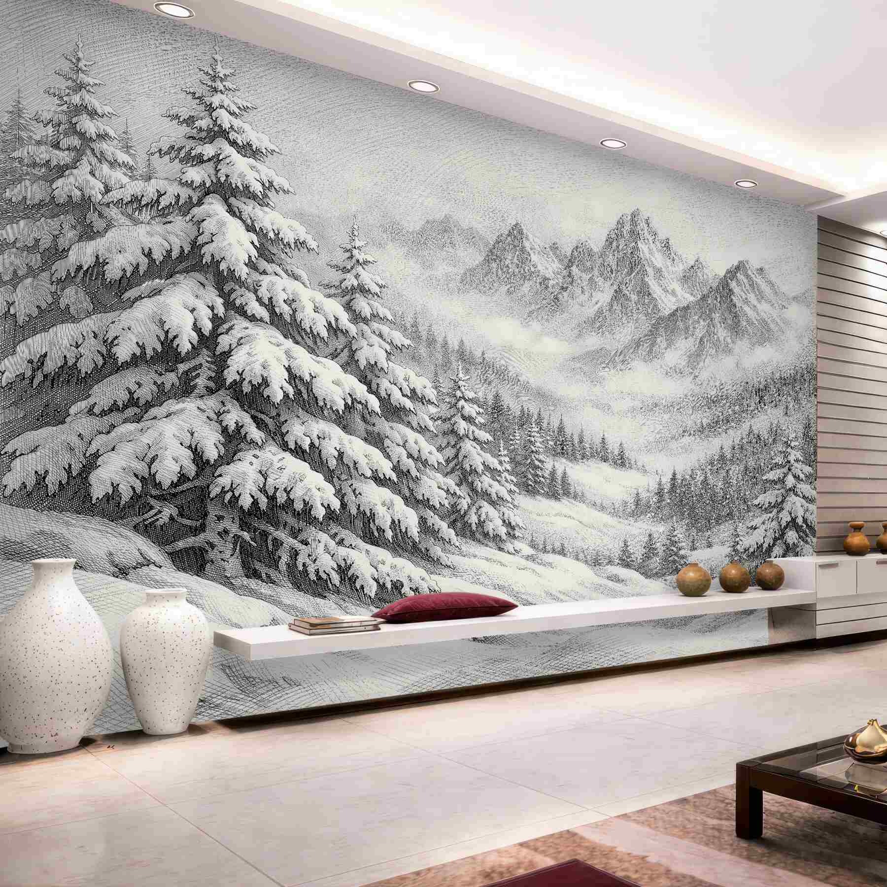 Fotobehang schets van winterbergen en sparren