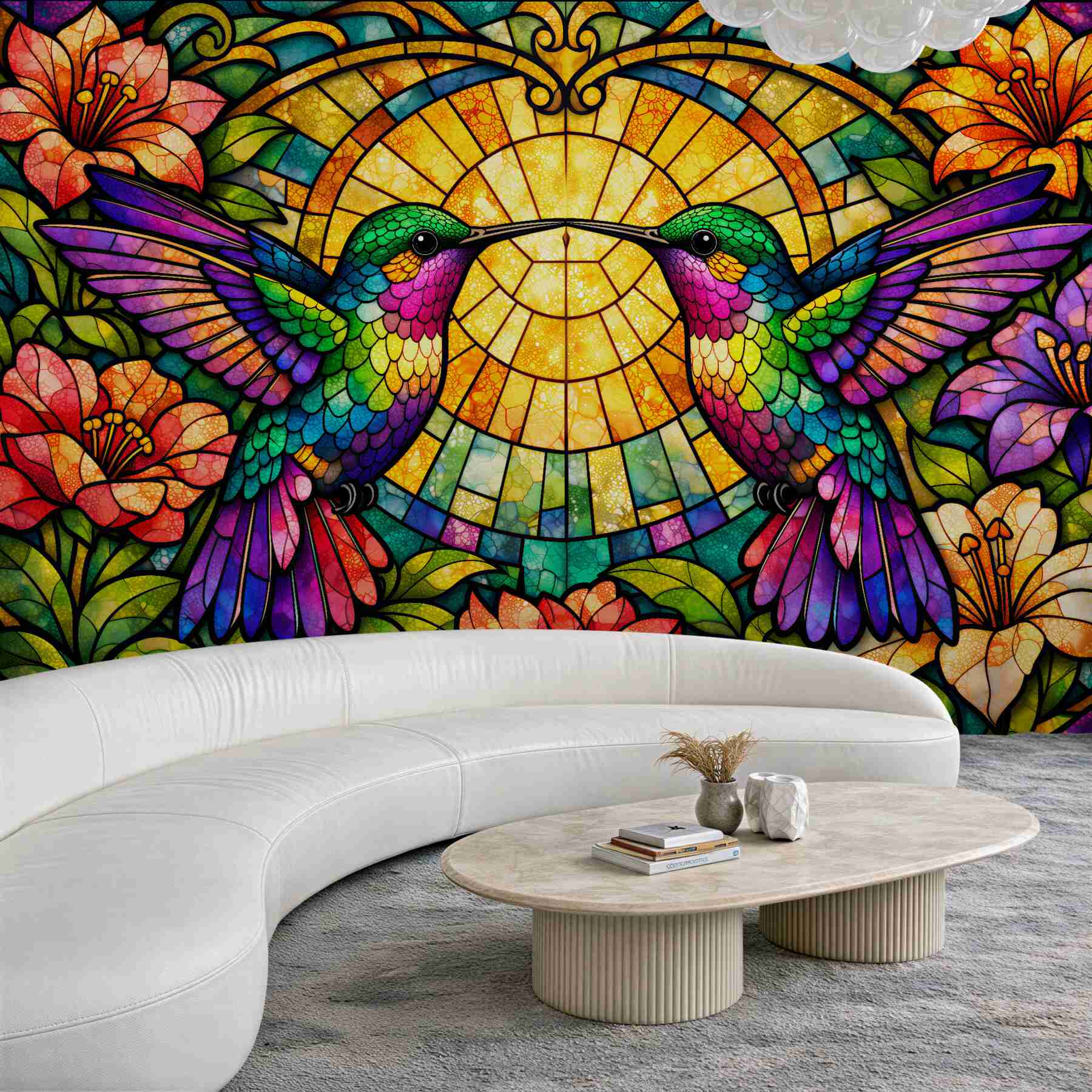Fotobehang glas-in-lood kolibries in bloemen