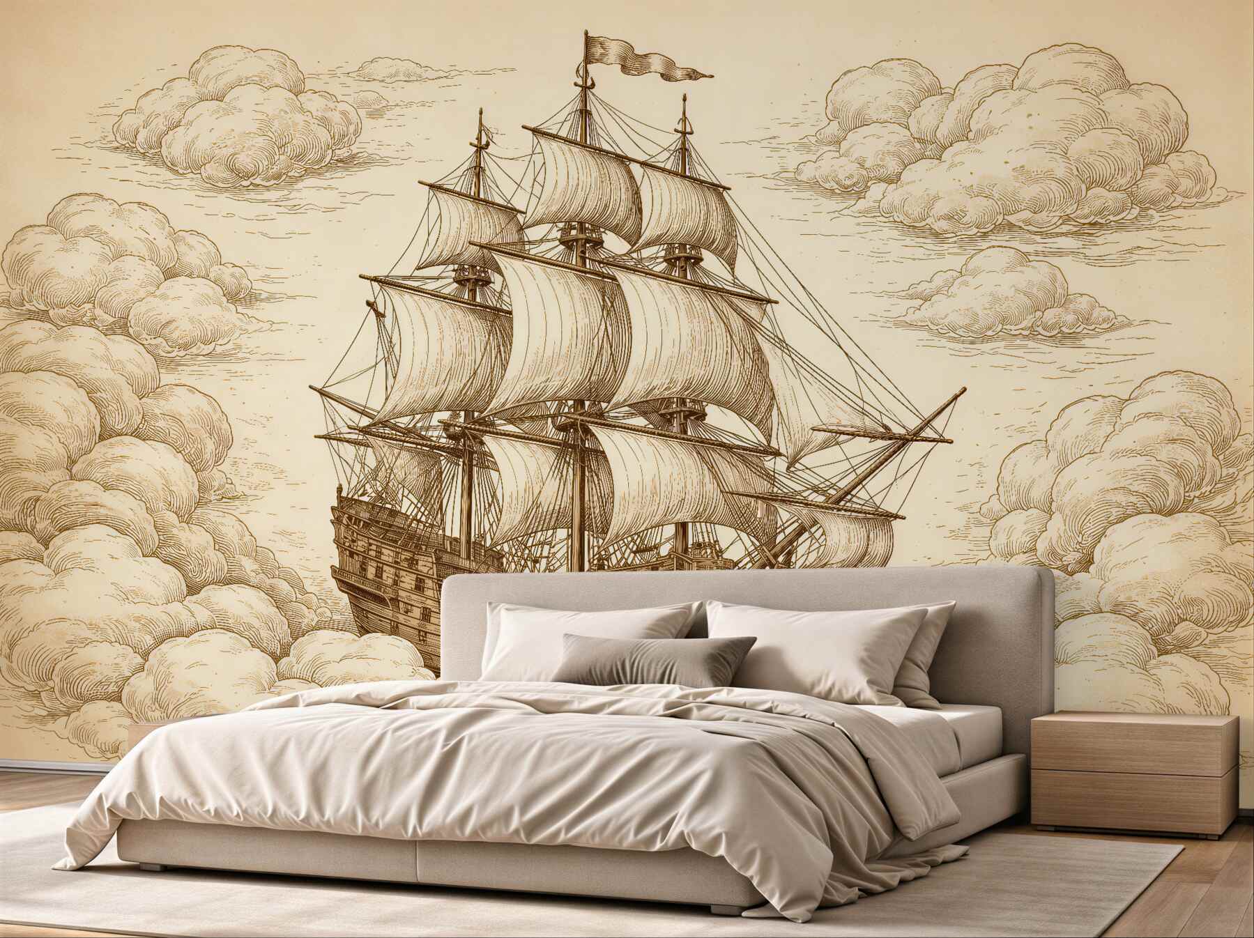 Fotobehang zeilschip in retro wolken