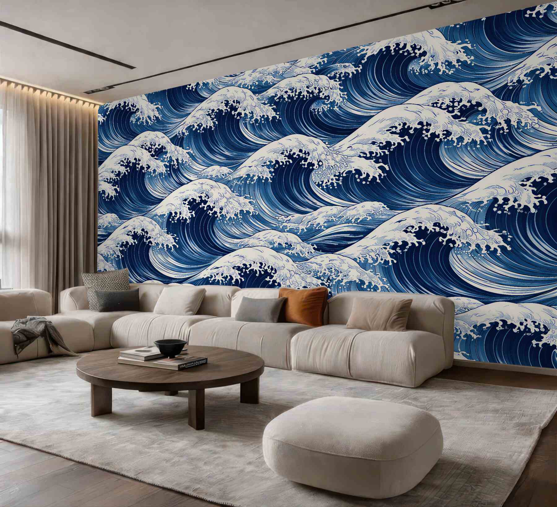 Fotobehang marineblauwe golven in Japanse stijl