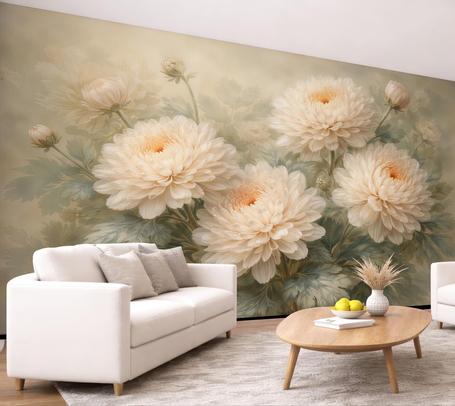 Fotobehang crèmekleurige chrysanten in een zachte mist