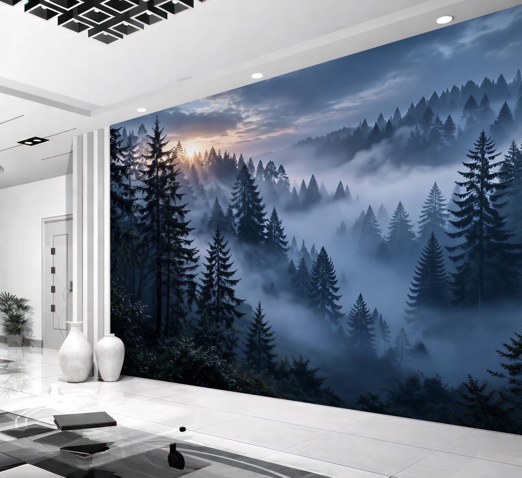 Fotobehang mistig sparrenbos bij zonsopgang