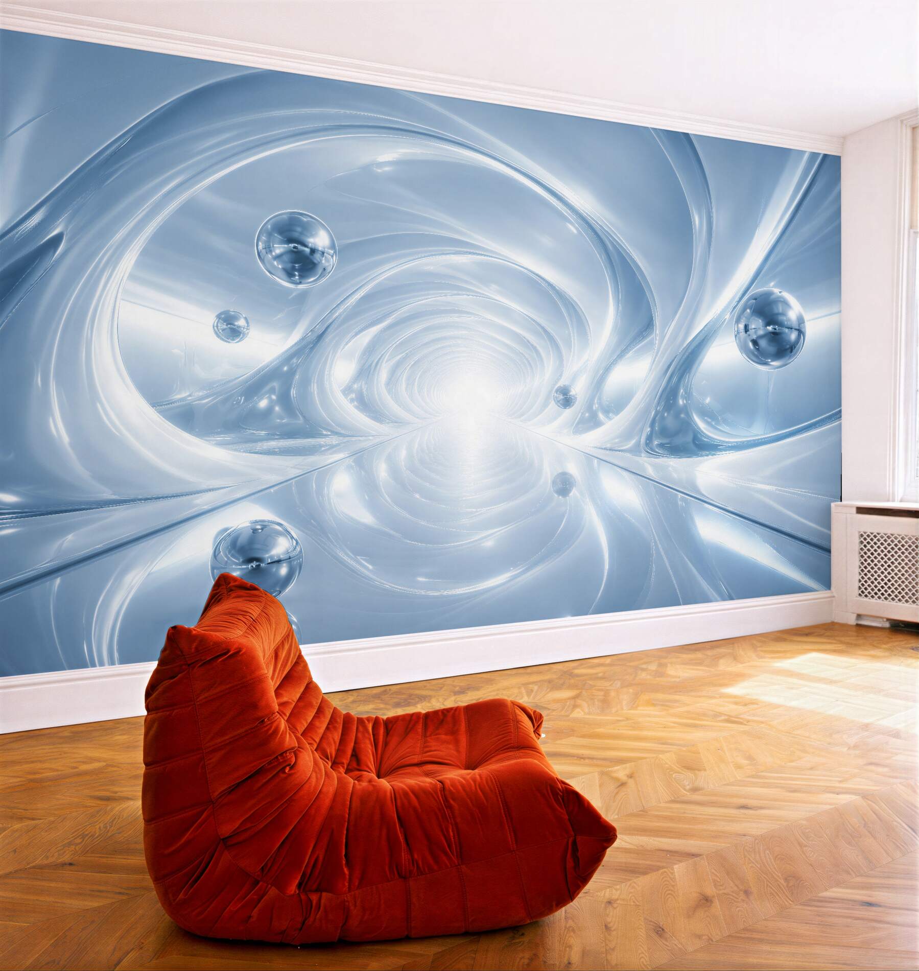 Fotobehang blauwe futuristische tunnel met sferen
